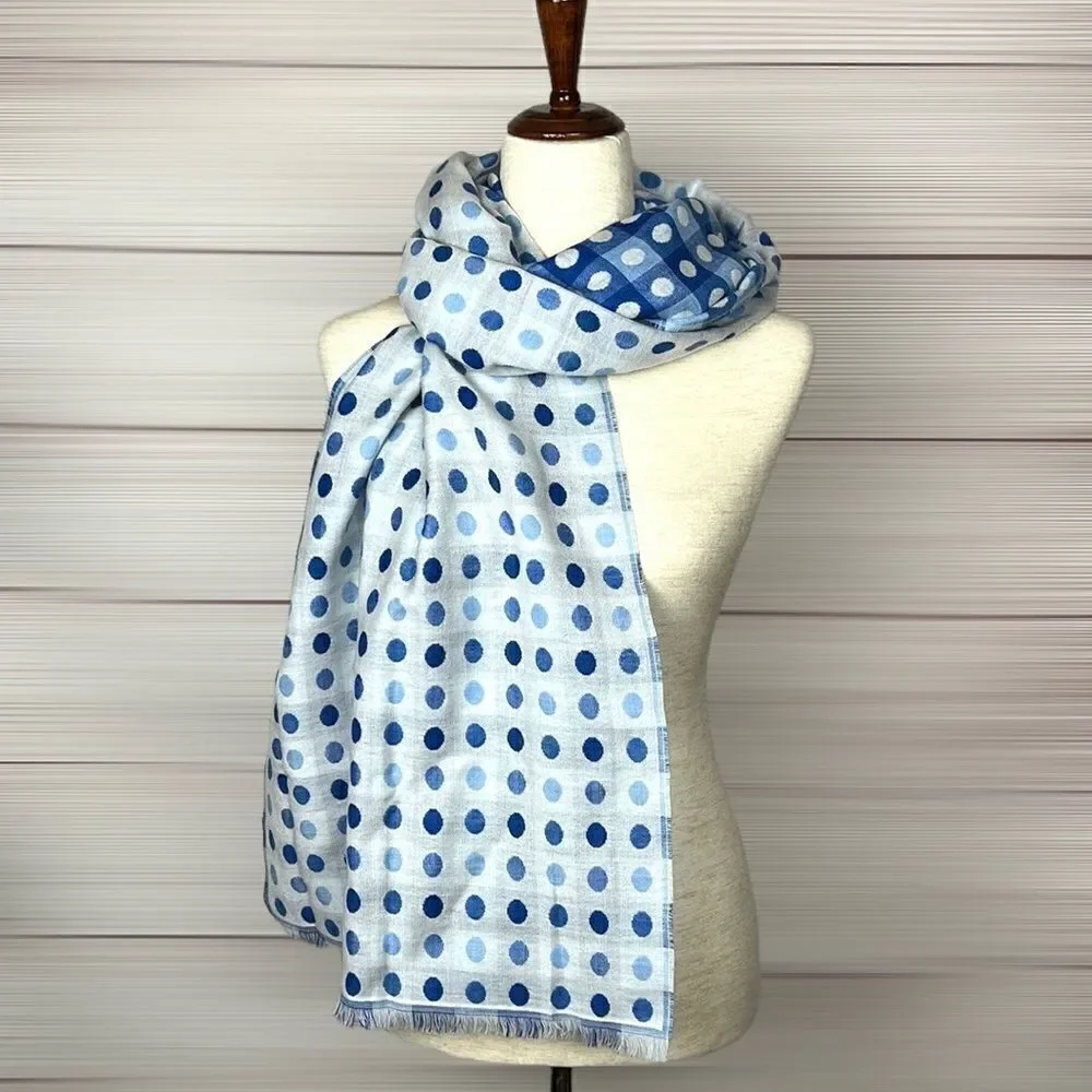 NWT TALBOTS Wool Blend Blue White Polka Dot Check Fringe Trim Wrap Scarf